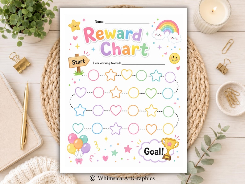 May include: A printable reward chart featuring the text Reward Chart, Start, and Goal. The design includes pastel-colored hearts, stars, and circles arranged in a path, decorated with a rainbow, balloons, a trophy, and a smiling star.