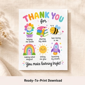 Op de afbeelding: Een kleurrijke print met de woorden "THANK YOU" en illustraties van een bloem, boeken, een bij, een regenboog, een zon en een raket. De tekst "You make learning bright!" is ook opgenomen.