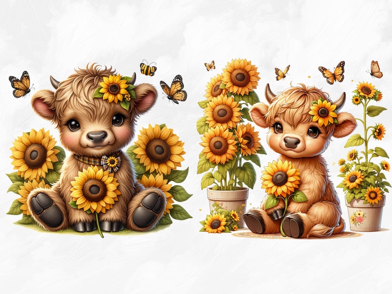 Watercolor Sunflower Highland Cows Collection Clipart, 9 PNG Spring Flowers Clipart, Baby Animal, Baby Cow Clipart Bundle, Commercial Use image 2