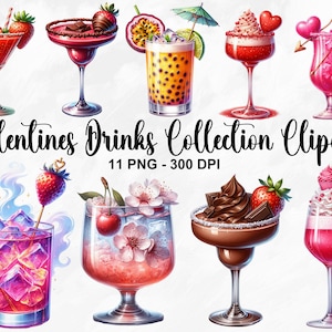 Acquerello San Valentino bevande collezione clipart, 11 PNG San Valentino clipart, clipart bevande tropicali, cocktail bevande PNG, uso commerciale