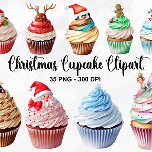 Aquarell Weihnachten Cupcake Clipart, 35 PNG Cupcake Clipart, Weihnachtsgebäck Clipart, Dessert Clipart, Weihnachts Cupcakes, kommerzielle Nutzung