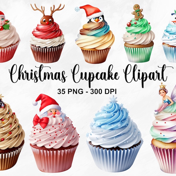 Watercolor Christmas Cupcake Clipart, 35 PNG Cupcake Clipart, Christmas Treats Clipart, Dessert Clipart, Christmas Cupcakes, Commercial Use