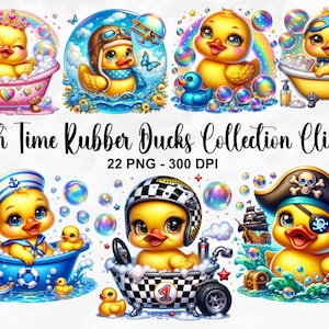 Clipart de patos de borracha em aquarela, 22 clipart de patos de borracha PNG, gráficos de pato coloridos fofos, brinquedo de bolha de banho divertido para imprimir, uso comercial