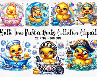 Watercolor Rubber Ducks Clipart, 22 PNG Rubber Ducks Clipart, Cute Colorful Duck Graphics, Fun Bath Bubble Toy Printables, Commercial Use