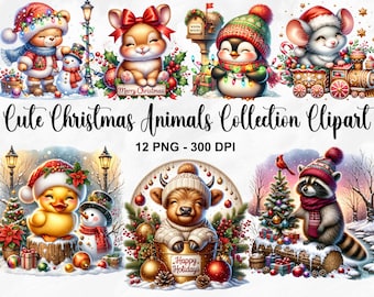 Watercolor Cute Christmas Animals Collection Clipart, 12 PNG Christmas Clipart, Christmas Baby Animals, Cute Christmas PNG, Commercial Use