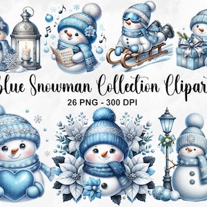 Clipart de coleção de boneco de neve azul aquarela, 26 PNG clipart de boneco de neve festivo, Natal azul, clipart de boneco de neve fofo, uso comercial
