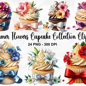 水彩夏の花のカップケーキ クリップアート、24 PNG カップケーキ クリップアート、水彩カップケーキ バンドル、デザート クリップアート PNG、商用利用
