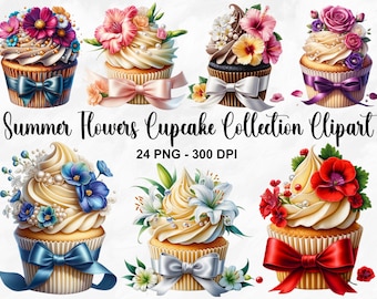 Watercolor Summer Flowers Cupcake Clipart, 24 PNG Cupcake Clipart, Watercolor Cupcakes Bundle, Dessert Clipart PNG, Commercial Use