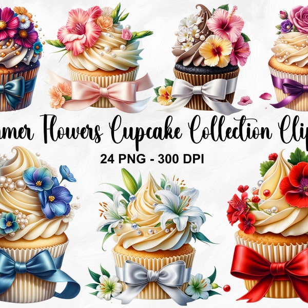 Watercolor Summer Flowers Cupcake Clipart, 24 PNG Cupcake Clipart, Watercolor Cupcakes Bundle, Dessert Clipart PNG, Commercial Use