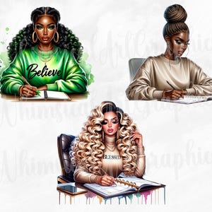 May include: Three digital illustrations of women of colour sitting at desks writing in journals. The first woman is wearing a green shirt with the word "Believe" on it. The second woman is wearing a beige sweater. The third woman is wearing a white shirt with the word "Blessed" on it.