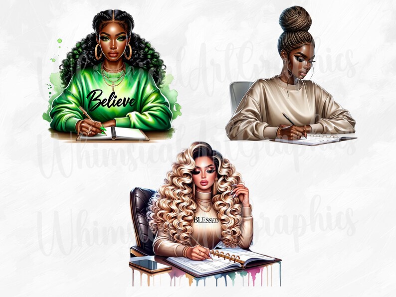 May include: Three digital illustrations of women of colour sitting at desks writing in journals. The first woman is wearing a green shirt with the word "Believe" on it. The second woman is wearing a beige sweater. The third woman is wearing a white shirt with the word "Blessed" on it.