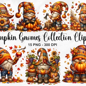 Clipart de coleção de gnomos de abóbora em aquarela, 15 PNG clipart de outono, clipart de gnomo de outono, gnomo de outono, gnomo de ação de graças, uso comercial
