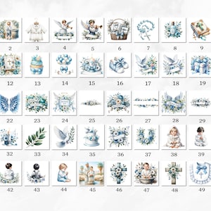 Pu&ograve; includere: Un set di 50 immagini digitali con illustrazioni di vari temi di battesimo, tra cui angeli, colombe, croci e composizioni floreali. Le immagini sono in uno schema di colori blu e bianco.