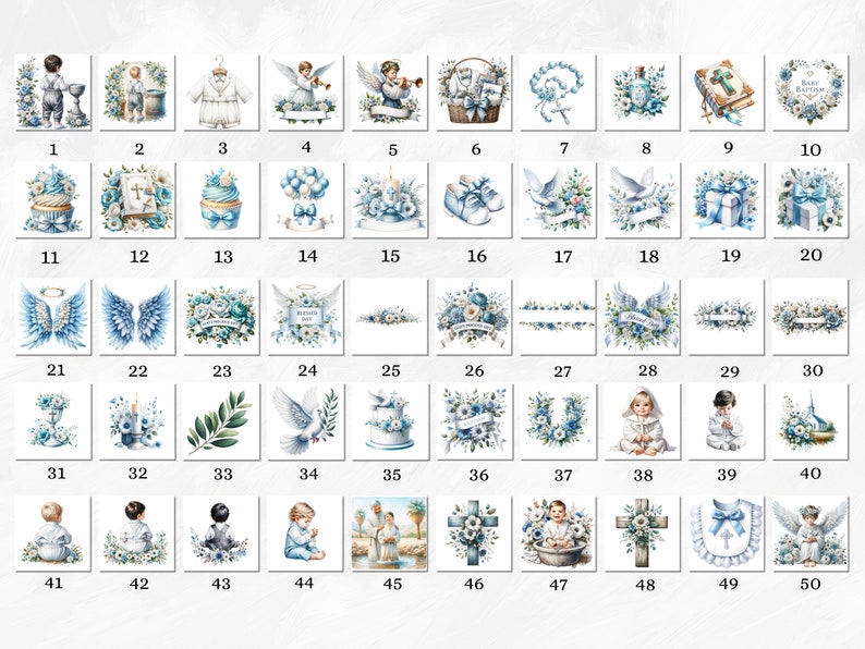 Pu&ograve; includere: Un set di 50 immagini digitali con illustrazioni di vari temi di battesimo, tra cui angeli, colombe, croci e composizioni floreali. Le immagini sono in uno schema di colori blu e bianco.