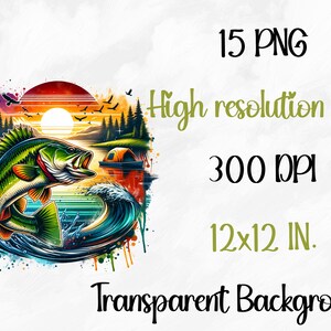 May include: A colorful digital illustration of a largemouth bass jumping out of the water with a sunset and forest background. The image is 12x12 inches and 300 DPI.
