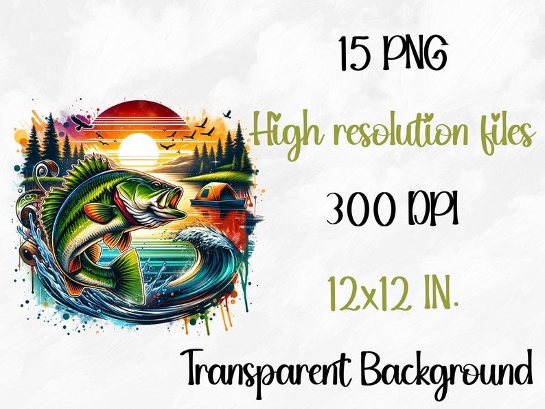 May include: A colorful digital illustration of a largemouth bass jumping out of the water with a sunset and forest background. The image is 12x12 inches and 300 DPI.