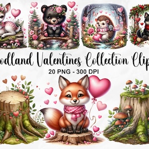 Watercolor Woodland Valentines Collection Clipart, 20 PNG Valentines Day Clipart, Woodland Animal, Baby Animals, Bear, Fox, Commercial Use