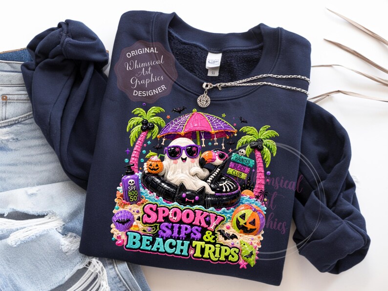 May include: Navy blue sweatshirt featuring a colorful graphic of a ghost on a beach with sunglasses, under an umbrella, and the text "Spooky Sips & Beach Trips." Includes palm trees, pumpkins, and a sign for a "Haunted Beach Club."
