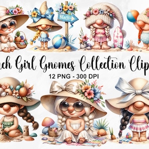 Acquerello Beach Girl Gnomes Collection Clipart, 12 PNG Beach Clipart, Beach Gnome Clipart, Summer Gnome Clipart, Gnomi PNG, Uso commerciale