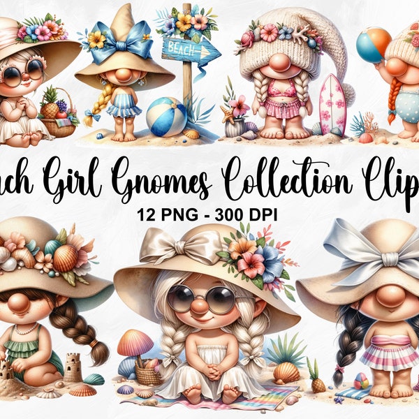 Watercolor Beach Girl Gnomes Collection Clipart, 12 PNG Beach Clipart, Beach Gnome Clipart, Summer Gnome Clipart, Gnomes PNG, Commercial Use