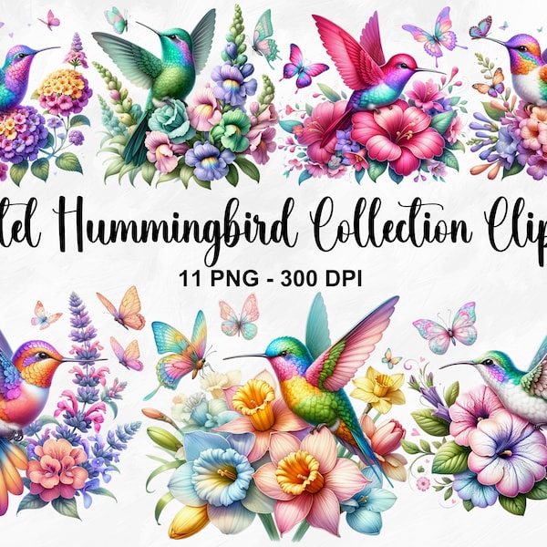 Watercolor Hummingbird Collection Clipart, 11 PNG Pastel Bird Clipart, Hummingbird PNG, Nursery Wall Art, Hummingbird Art, Commercial Use