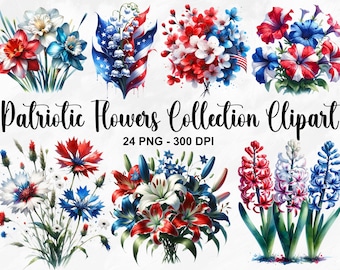 Watercolor Patriotic Flowers Collection Clipart, 24 PNG Floral Clipart, Spring PNG, Summer Floral Clipart Bundle, Flower PNG, Commercial Use