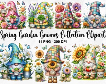 Watercolor Spring Garden Gnomes Clipart, 11 PNG Garden Gnome Clipart, Spring Garden Clipart, Spring Gnome Bundle, Gnomes PNG, Commercial Use