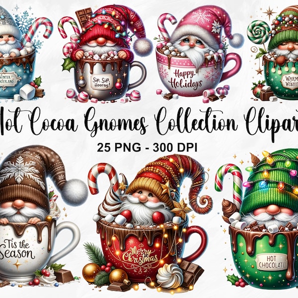 Watercolor Hot Cocoa Gnomes Clipart, 25 PNG Christmas Gnomes Clipart, Festive Gnomes Clipart, Gnomes PNG, Fantasy Clipart, Commercial Use