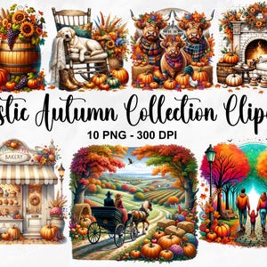 Watercolor Rustic Autumn Collection Clipart, 10 PNG Fall Clipart, Cozy Fall Clipart, Autumn Sublimation Design, Pumpkin PNG, Commercial Use