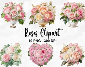 Puede incluir: Un conjunto de 19 imágenes de clipart digital que presentan rosas rosadas y blancas en varios arreglos. Las rosas están en ramos, coronas y formas de corazón. Las imágenes son de alta resolución y perfectas para manualidades, scrapbooking y otros proyectos creativos.