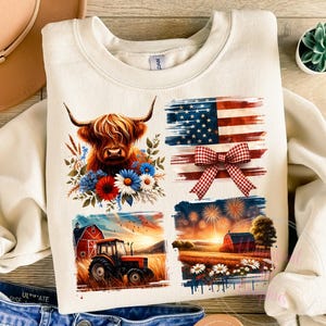 4th of July Highland Cow PNG, Highland Cow Clipart, 4th of July PNG, Coquette Highland Cow Shirt Design, Sublimation Files, Commercial Use