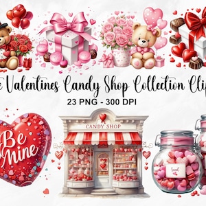 Watercolor Cute Valentines Candy Shop Clipart, 23 PNG Valentines Day Clipart, Valentines Day Bundle, Valentines Candy Heart, Commercial Use