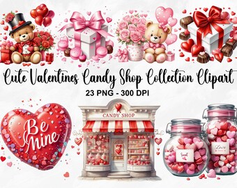 Watercolor Cute Valentines Candy Shop Clipart, 23 PNG Valentines Day Clipart, Valentines Day Bundle, Valentines Candy Heart, Commercial Use