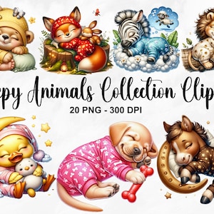 Aquarel slaperige dieren collectie clipart, 20 PNG baby dieren clipart, kinderkamer kunst aan de muur, schattige dieren PNG, baby shower, commercieel gebruik