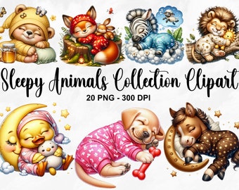 Watercolor Sleepy Animals Collection Clipart, 20 PNG Baby Animals Clipart, Nursery Wall Art, Cute Animal PNG, Baby Shower, Commercial Use