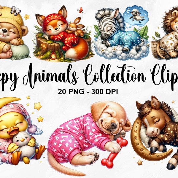 Watercolor Sleepy Animals Collection Clipart, 20 PNG Baby Animals Clipart, Nursery Wall Art, Cute Animal PNG, Baby Shower, Commercial Use