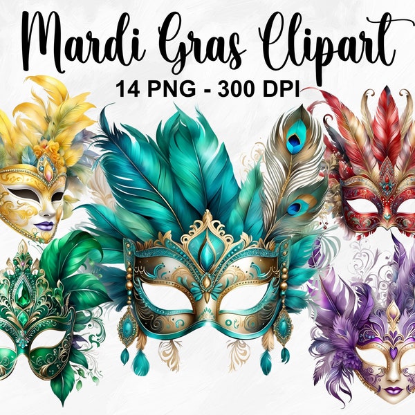 Watercolor Mardi Gras Clipart, 14 PNG Mardi Gras Masquerade Clipart, Fat Tuesday PNG, Masquerade Clipart, Mardi Gras PNG, Commercial Use