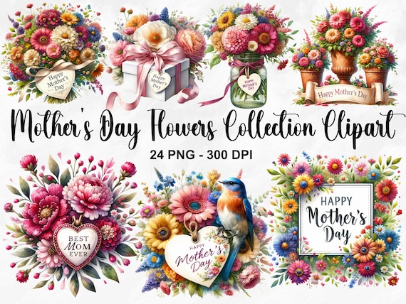 Watercolor Mothers Day Flowers Collection Clipart, 24 PNG Wildflower Clipart, Mothers Day Clipart, Mothers Day Flower Print, Commercial Use