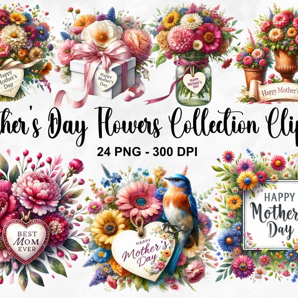 Watercolor Mothers Day Flowers Collection Clipart, 24 PNG Wildflower Clipart, Mothers Day Clipart, Mothers Day Flower Print, Commercial Use