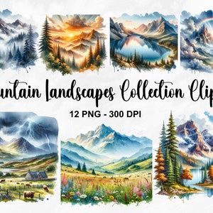 Watercolor Mountain Landscapes Collection Clipart, 12 PNG Landscape Clipart, Mountain Clipart, Mountain Range, Mountain PNG, Commercial Use