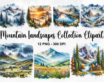 Watercolor Mountain Landscapes Collection Clipart, 12 PNG Landscape Clipart, Mountain Clipart, Mountain Range, Mountain PNG, Commercial Use