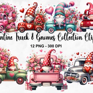 Watercolor Valentine Truck & Gnomes Clipart, 12 PNG Valentines Clipart, Valentines Gnome Clipart Bundle, Valentines Graphics, Commercial Use