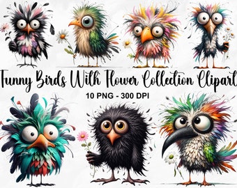 Watercolor Funny Birds Collection Clipart, 10 PNG Quirky Animals Clipart, Quirky Bird Illustrations, Whimsical Birds Clipart, Commercial Use