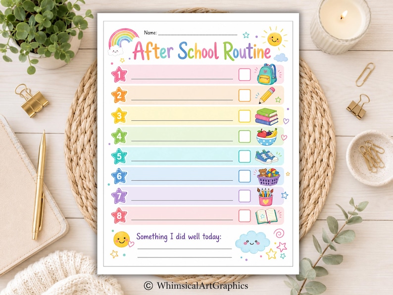 May include: A printable After School Routine checklist featuring a rainbow, sun, and eight numbered rows with pastel backgrounds. Each row includes a blank line, a checkbox, and a colorful icon representing school tasks. The bottom includes a section for Something I did well today.