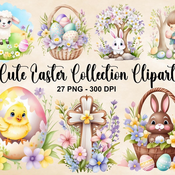Watercolor Cute Easter Collection Clipart, 27 PNG Pastel Easter Eggs Clipart, Cute Chick Clipart, Easter Bunny Clipart, Commercial Use