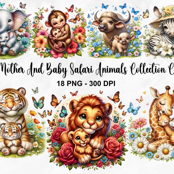 Watercolor Cute Mother And Baby Safari Animals Clipart, 18 PNG Baby Animals Clipart, Mothers Day Clipart, Baby Safari PNG, Commercial Use