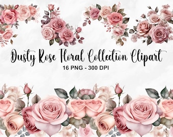 Puede incluir: Una colección digital de 16 ilustraciones florales de rosas polvorientas. Las imágenes presentan rosas rosadas, hojas y capullos. El texto "Dusty Rose Floral Collection Clipart 16 PNG - 300 DPI" se muestra debajo de las imágenes.