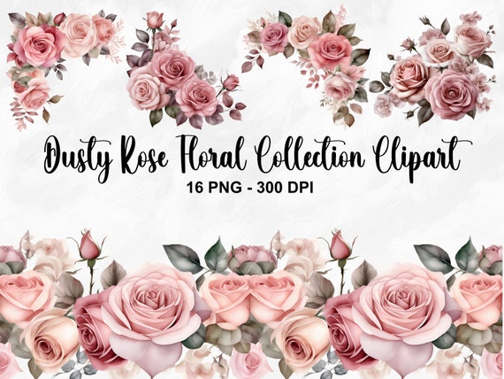 Watercolor Dusty Rose Floral Clipart, 16 PNG Dusty Rose & Blush Clipart, Roses Clipart, Floral Clipart, Floral Borders PNG, Commercial Use