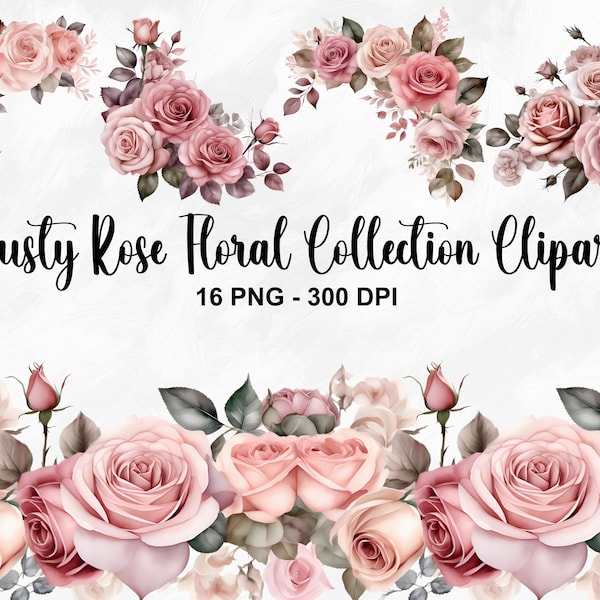 Watercolor Dusty Rose Floral Clipart, 16 PNG Dusty Rose & Blush Clipart, Roses Clipart, Floral Clipart, Floral Borders PNG, Commercial Use