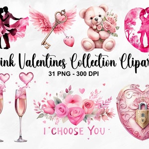 Aquarel roze Valentines collectie clipart, 31 PNG Valentijnsdag clipart, romantische paren PNG, Valentijnsdag bundel, commercieel gebruik